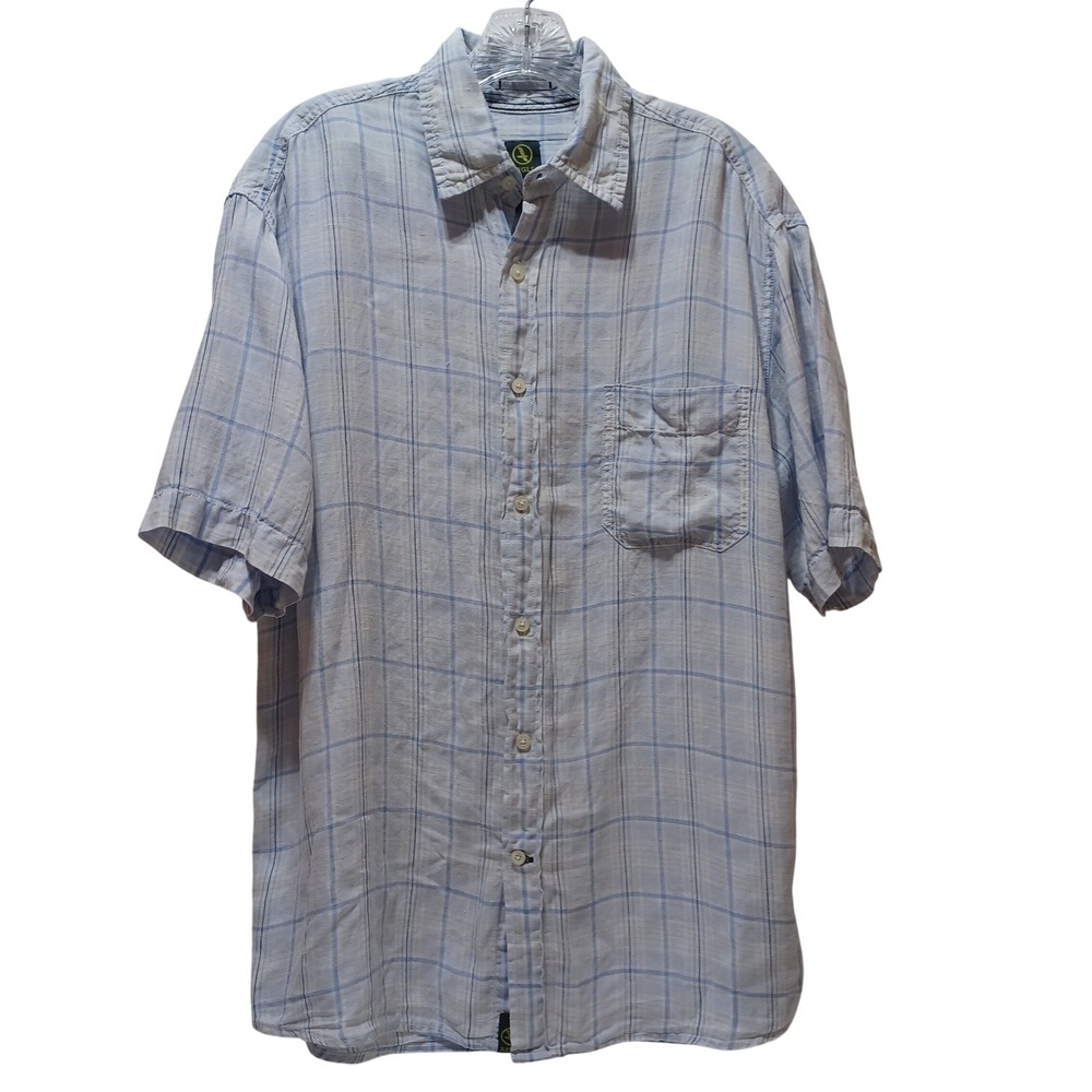Aigle Mens M Blue White Windowpane Plaid 100% Linen Shirt Preppy Resortwear